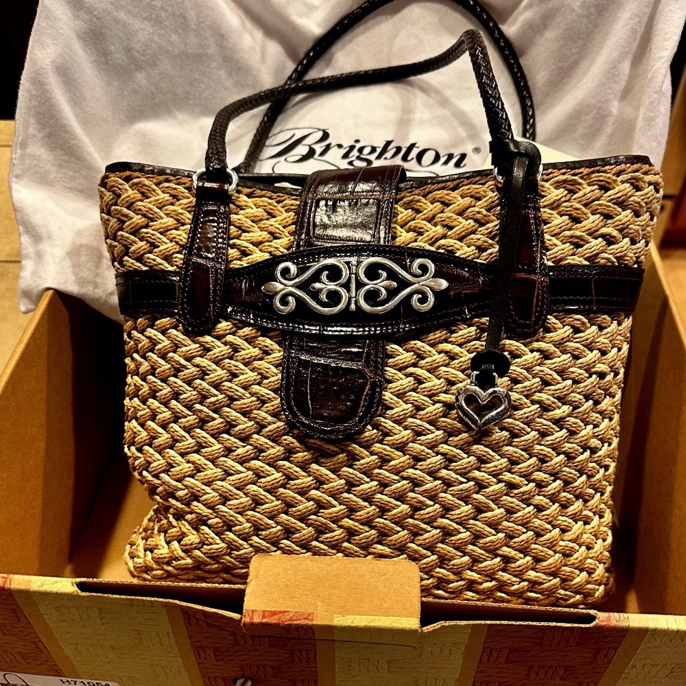 Authentic Brighton Kora Straw and Croc Handbag w/ storage bag and box